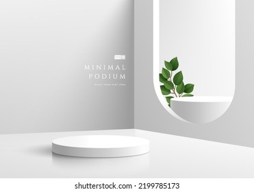 Abstract 3D background, Realistic white and gray cylinder pedestal podium in arch window and green leaf. Minimal wall scene for mockup product display. Vector geometric forms. Round stage showcase.