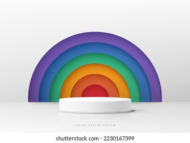 Abstract 3D background with realistic white cylinder podium. Semi circle in lgbtq rainbow color or pride flag style. Pastel minimal scene mockup product display. Vector geometric form. Stage showcase.