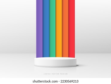 Abstrakter 3D-Hintergrund mit realistischem weißem Zylinderpodium. Vertikale Streifen Muster in lgbtq Regenbogenfarbe oder Stolperflagge. Minimale Szenendarstellung. Geometrische Vektorform. Stufenvorführung.