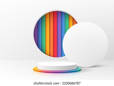 Abstract 3D background, Realistic white cylinder pedestal podium with lgbtq rainbow stripes in circle window. Minimal wall scene mockup product display. Vector geometric forms. Round stage showcase.