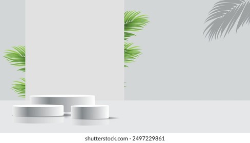 Abstract 3D background, Realistic white, gray steps cube box stand podium or desk set with green leaf. Minimal wall scene for mockup product display. Vector geometric forms. Round stage for showcase.