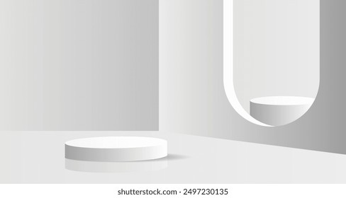 Abstract 3D background, Realistic white and gray cylindrical pedestal in arched window. Minimal wall scene to display model products. Vector geometric shapes. The display stage is circular.