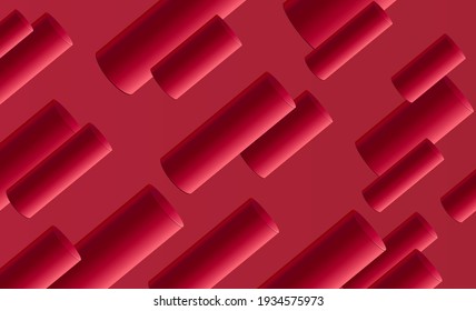 Abstract 3D background of red cylinders moving in diagonal diresction forming texture, red 3d objects in space