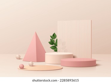 Abstract 3D background with set of realistic pink and beige realistic cylinder pedestal podium. Pastel minimal scene mockup product display. Geometric platforms. Stage showcase. 3D vector rendering.