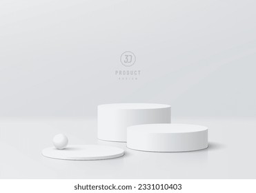 Abstract 3D background. set of realistic white and gray level cylinder pedestal podium. Wall minimal mockup cosmetic product display. Geometric platforms. Round stage showcase. Vector 3D rendering.