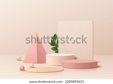 Abstract 3D background with set of realistic pink and beige realistic cylinder pedestal podium. Pastel minimal scene mockup product display. Geometric platforms. Stage showcase. 3D vector rendering.