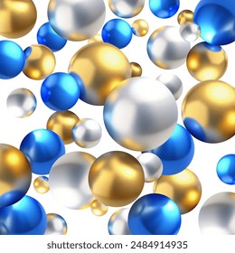 Abstract 3D background with spheres.Background with realistic balls. Glossy gold silver and blue falling balls background.Vector illustration