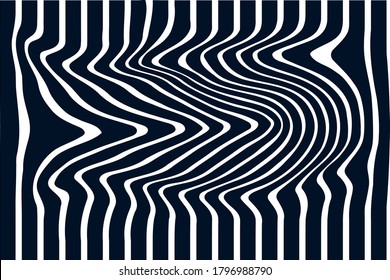 Abstract 3d background vector design with distorted lines. Movement illusion with optical distortion effect. Illustration with black, white colors.