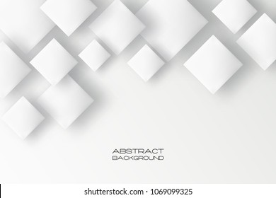Abstract 3d background with white paper geometric shapes, rectangle tile with drop shadows on white background.  Minimal design. 