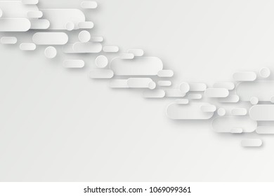 Abstract 3d background with white paper geometric shapes, lines and circles with drop shadows on white background.  Minimal design. 