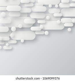 Abstract 3d background with white paper geometric shapes, lines and circles with drop shadows on white background.  Minimal design. 