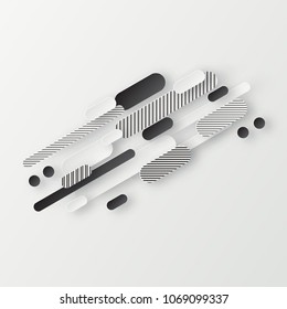 Abstract 3d background with white striped and black paper geometric shapes, lines and circles with drop shadows on white background.  Minimal design. 