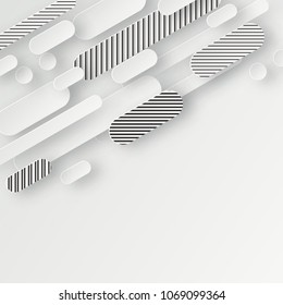 Abstract 3d background with white striped paper geometric shapes, lines and circles with drop shadows on white background.  Minimal design. 