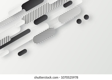 Abstract 3d background with white striped and black paper geometric shapes, lines and circles with drop shadows on white background.  Minimal design. 