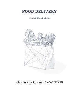 Abstract 3d bag with foodstuffs. Food delivery service, delivery to home and office concept isolated in white background. Polygonal wireframe takeaway food. Vector hand drawing of groceries in bag
