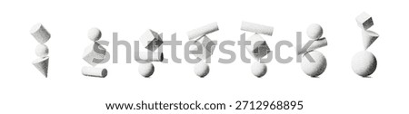 Abstract 3D balance shapes with geometric spheres, cubes and cylinders on a white background. Grainy noise, halftone texture and soft gradients create a clean minimal abstract balance design.