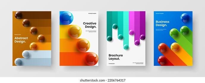 Abstract 3D balls handbill layout set. Amazing pamphlet vector design template bundle.