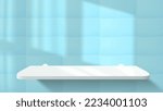 Abstract 3D bathroom or kitchen room tiled wall with realistic white podium or acrylic product shelf. Vector blue tile wall background mockup display. Minimal stage showcase scene. Realistic shadow