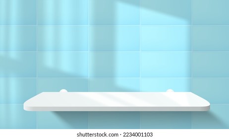 Abstract 3D bathroom or kitchen room tiled wall with realistic white podium or acrylic product shelf. Vector blue tile wall background mockup display. Minimal stage showcase scene. Realistic shadow