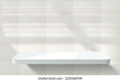 Abstract 3D bathroom or kitchen room tiled wall with realistic white podium or acrylic product shelf. Vector beige tile wall background mockup display. Minimal stage showcase scene. Realistic shadow