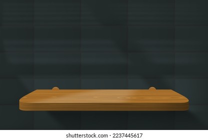 Abstract 3D bathroom or kitchen room tiled wall with realistic light wood podium or product shelf. Vector dark tile wall background mockup display. Minimal stage showcase scene. Realistic shadow