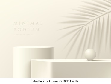 Abstract 3D beige background, Realistic steps cream cube and cylinder stand podium with palm leaf shadow overlay. Minimal scene for mockup product display. Vector geometric forms. Round stage showcase