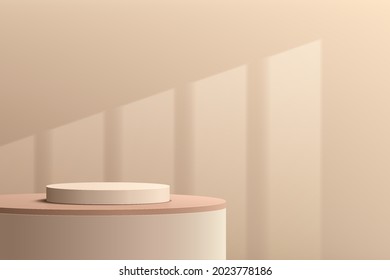 Abstract 3D beige cylinder pedestal podium with cream-brown wall scene and window lighting. Modern geometric rendering platform minimal design for cosmetic product display presentation. Vector eps10