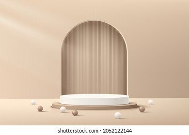 Abstract 3D beige cylinder pedestal podium with arch window and curtain inside. Luxury brown minimal wall scene for cosmetic product display presentation. Vector geometric rendering platform design.