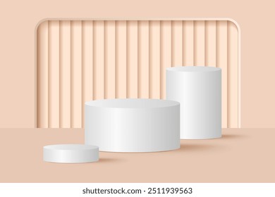 Abstractas fondo de podio beige 3D. Maqueta minimalista moderna para presentación de productos. Podio de pedestal cilíndrico beige realista. Escaparate geométrico con espacio de copia. 
