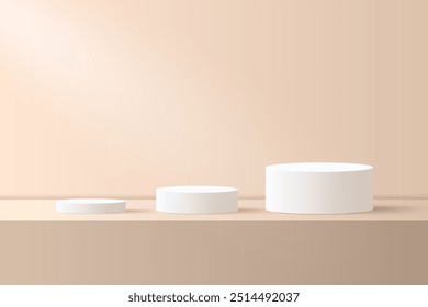 Fundo de pódio 3D bege abstrato. Moderna maquete minimalista para apresentação de exposição de produtos. Pódio realista de pedestal de cilindro bege. Exibição de palco geométrico com espaço de cópia. 