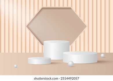 Fundo de pódio 3D bege abstrato. Moderna maquete minimalista para apresentação de exposição de produtos. Pódio realista de pedestal de cilindro bege. Exibição de palco geométrico com espaço de cópia. 