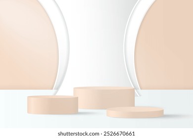 Abstractas fondo de podio beige 3D. Maqueta minimalista moderna para presentación de productos. Podio de pedestal cilíndrico beige realista. Escaparate geométrico con espacio de copia. 