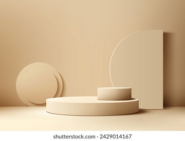 Abstract 3D beige podium with geometric shapes, including a circle, cylinder, and staircase. Vector illustration