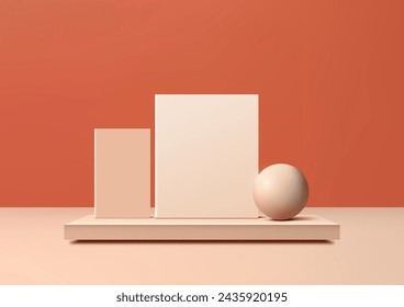 Abstract 3D beige podium with geometric shapes elements, including a sphere on red background. Vector illustration