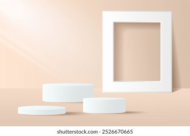 Abstract 3D beige podium with white frame background. Modern minimalist mockup for product display presentation. Realistic beige cylinder pedestal podium. Geometric stage showcase with copy space. 
