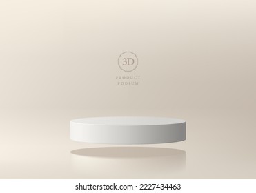 Abstract 3D beige room background, Realistic white cream cylinder pedestal podium floating on air. Pastel minimal wall scene mockup product display. Vector geometric forms. Round stage for showcase.