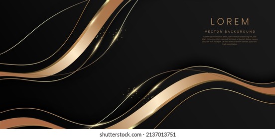 Abstract 3d black background with brown ribbon gold lines curved wavy sparkle with copy space for text. Luxury style template design. Vector illustration