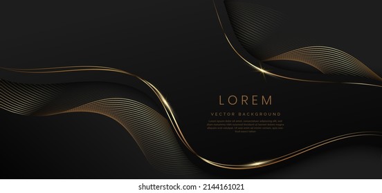 Abstract 3d black background and gold lines curved wavy sparkle and copy space for text  Luxury style template design  Vector illustration