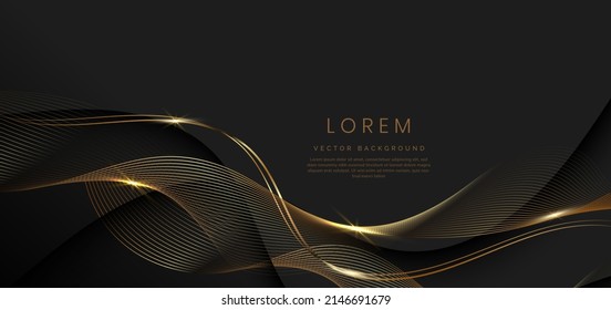 Abstract 3d black background and gold lines curved wavy sparkle and copy space for text  Luxury style template design  Vector illustration