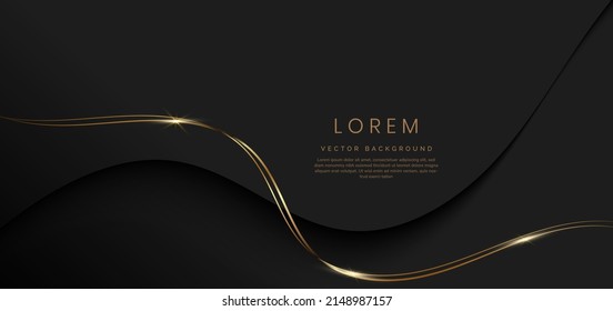 Abstract 3d black background with gold lines curved wavy sparkle with copy space for text. Luxury style template design. Vector illustration