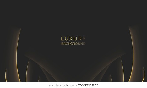 Abstract 3d black background with gold lines curved wavy sparkle with copy space for text. Luxury style template design.