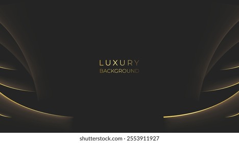 Abstract 3d black background with gold lines curved wavy sparkle with copy space for text. Luxury style template design.