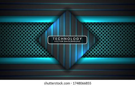 Resumen de fondo tecno 3D negro y azul con efecto claro. Superposición de la capa sobre el espacio oscuro con patrones metálicos. Elementos modernos de plantilla gráfica para afiche, volante, folleto o página de inicio
