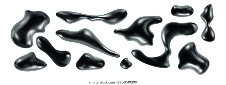 Abstract 3D black chrome abstract forms, assorted volumetric vector simple shapes objects in Y2K style. Realisti isolated vector element for moden futuristic design aesthetics.