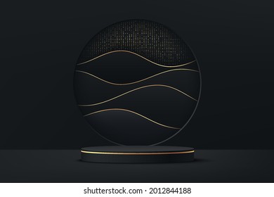 Abstract 3D black cylinder pedestal podium with golden glitter and wavy layers in circle window. Luxury dark minimal wall scene for product display presentation. Vector rendering geometric platform.
