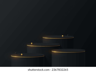 Abstract 3D black cylinder pedestal podium background with gold ball on black wall scene. Black friday minimal mockup or product display presentation, Stage showcase. Platforms vector geometric design