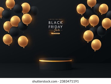 Abstract 3D black cylinder podium background with floating black and golden balloon scene. Black friday minimal mockup, Product display presentation, Stage showcase. Platforms vector geometric design.