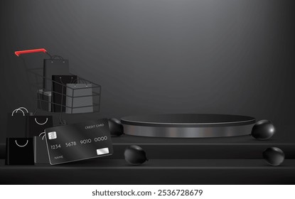 Abstrato 3D Preto pódio de palco geométrico com cartão de crédito, carrinho de compras, saco de compras e balão. Exposição de promoção de vendas de sexta-feira preta, oferta especial mega venda, exposição do produto. Vetor geométrico
