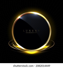 Abstract 3D Black Glossy Circles Golden Ring Round Frame And Lighting Effect With Gold Particle On Black Background. Luxury Style. Vector Illustration