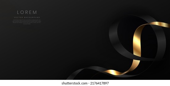 Abstract 3d black and gold curved red ribbon on black background with lighting effect and sparkle with copy space for text. Luxury design style. Vector illustration